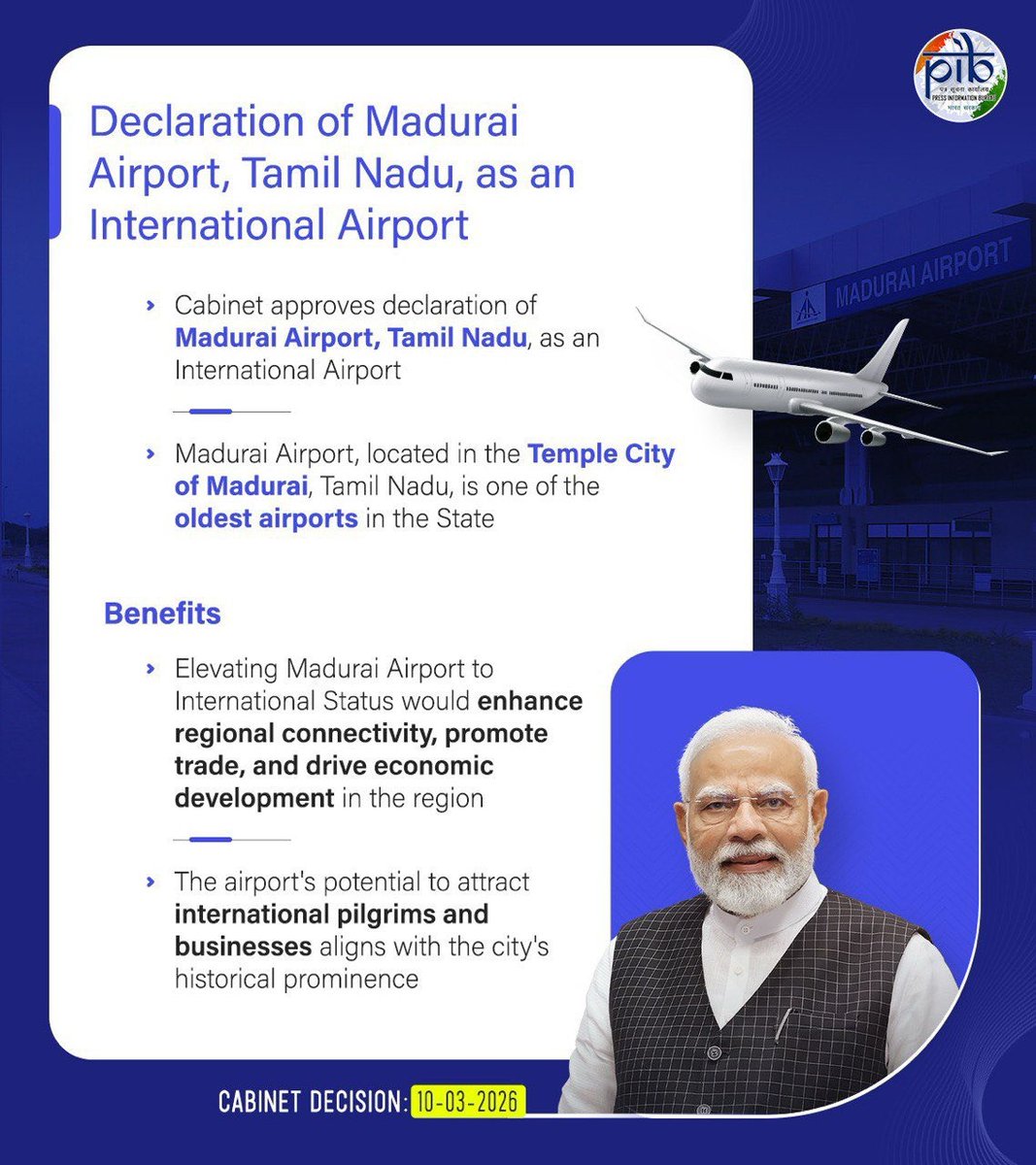 केंद्रीय मंत्रिमंडल ने आज तमिलनाडु के मदुरै हवाई अड्डे को अंतरराष्ट्रीय हवाई अड्डे के रूप में घोषणा को मंजूरी दे दी है।

तमिलनाडु में मंदिरों के शहर के रूप में प्रसिद्ध मदुरै स्थित मदुरै हवाई अड्डा राज्य के सबसे पुराने हवाई अड्डों में से एक है। इस हवाई अड्डे को अंतरराष्ट्रीय