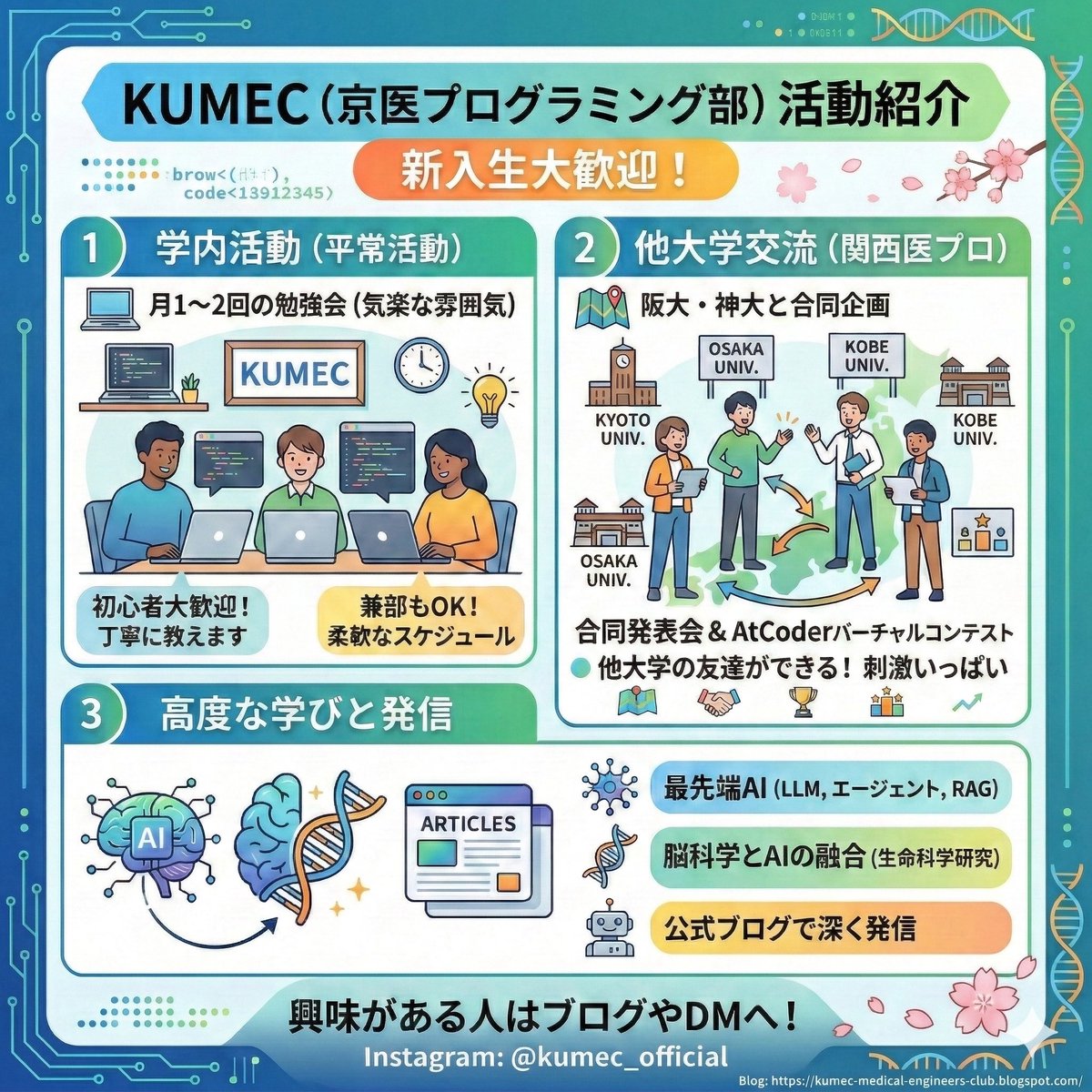 【KUMECとは？ 】
医療×ITの未来を創る京医プログラミング部です！

💠対象: プログラミング初心者大歓迎！生命科学×ITに興味がある方！

📅活動: 月1回の勉強会＋自主プロジェクト

#春から京大 #春から京医 #春から大学生 #春から京都 #京大 #京医 #京都大学 #京都大学医学部 #関西