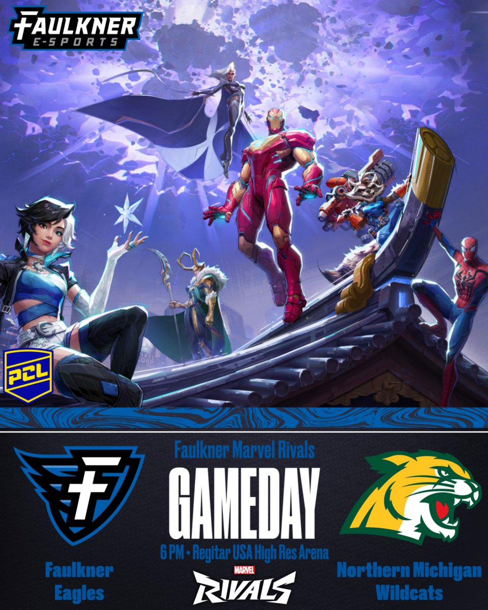 FaulknerESports's tweet image. Faulkner faces the Northern Michigan Wildcats tonight at 6 PM in a best-of-five Marvel Rivals match!

#FaulknerESports #SoarEagles #NeverFail #MarvelRivals