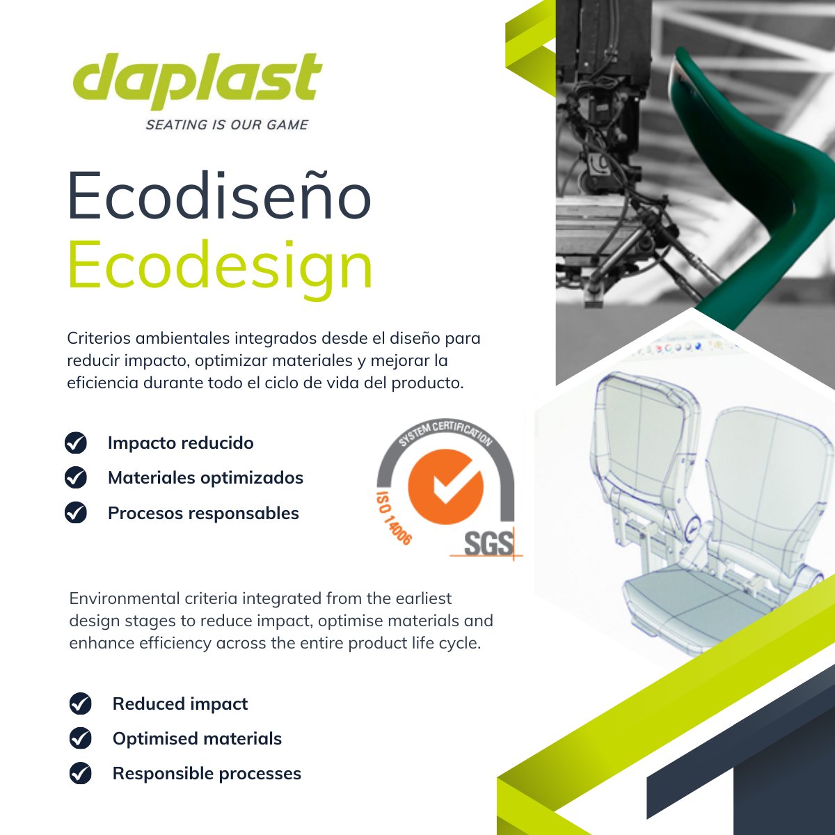 Daplast's tweet photo. Desarrollamos nuestros productos en base a criterios ambientales y lo certificamos según la ISO 14006:2020, por SGS, que avala oficialmente la integración del #Ecodiseño en nuestro sistema de gestión ambiental.
#Daplast #Seatingisourgame https://t.co/MsUTj7tOcO