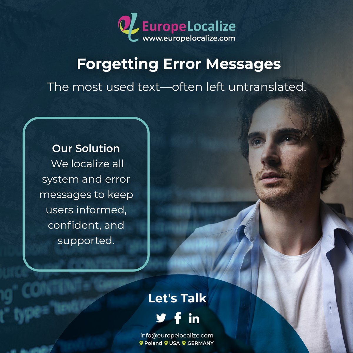 EuropeLocalize's tweet photo. Even the best software can fail globally because of small translation mistakes.
At Europe Localize, we help you avoid them, and build software that works in every language.
👉 Get Started: https://t.co/HFIYStTaMT

#SoftwareTranslation #LocalizationServices #AppLocalization https://t.co/RmhVtB57BR