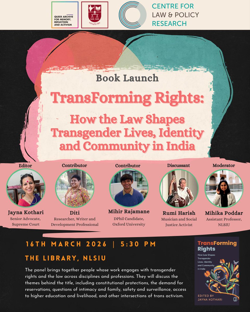 NLSIUofficial's tweet photo. #BookLaunch
NLSIU is hosting the launch of ‘Transforming Rights: How Law Shapes Transgender Lives, Identity and Community in India,’ an edited volume that examines how law, policy, and social institutions shape the lived realities of transgender persons in India.
➡️Read more and register to attend the launch: https://t.co/vkdhlvYgt9
#NLSIU #TransRights #GenderJustice #LawAndSociety