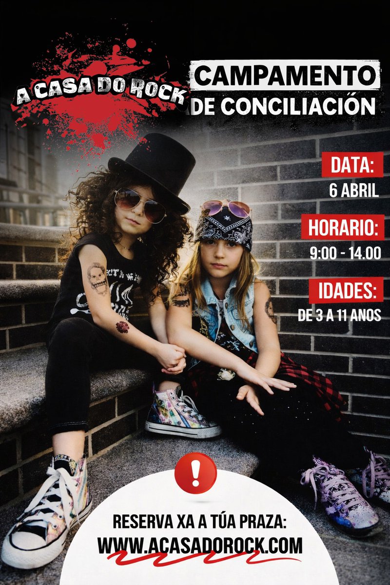 ACasa_DoRock's tweet photo. 🎸 Campamento de Conciliación – 6 abril

O luns 6 de abril temos campamento musical para nenos e nenas de 3-11 anos en A Casa do Rock.

⚠️ A escola estará pechada en Semana Santa, así que reserva antes do 30 de marzo.

🎟 https://t.co/87H6DdJRPL

Prazas limitadas.
#ACasaDoRock https://t.co/M4qS7nsFpl