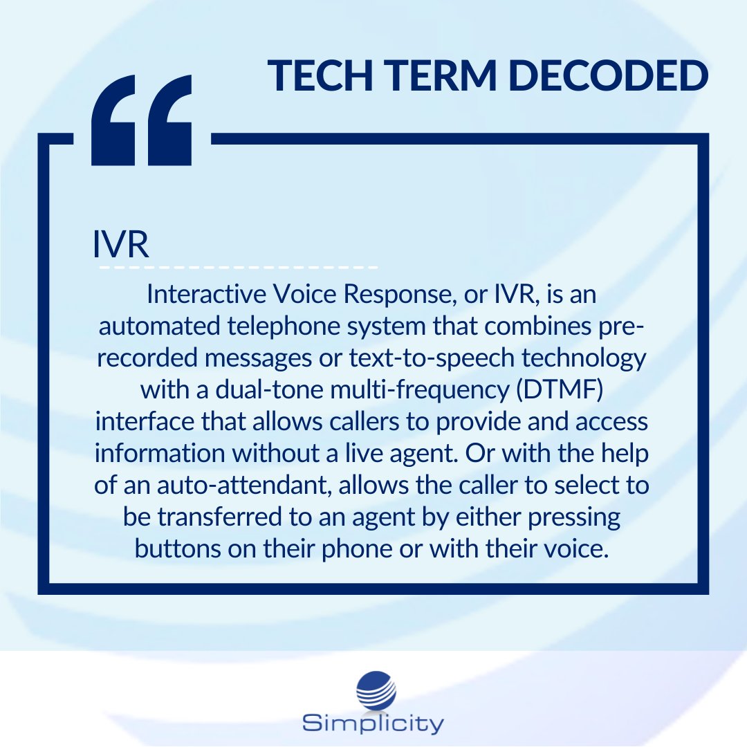 humphreys66amy's tweet photo. First impressions happen in seconds.

With IVR (Interactive Voice Response) from Simplicity VoIP, callers are quickly directed to the right department—no confusion, no unnecessary transfers.
#TechTermTuesday #IVR #SimplicityVoIP https://t.co/xsQgDdiFV8