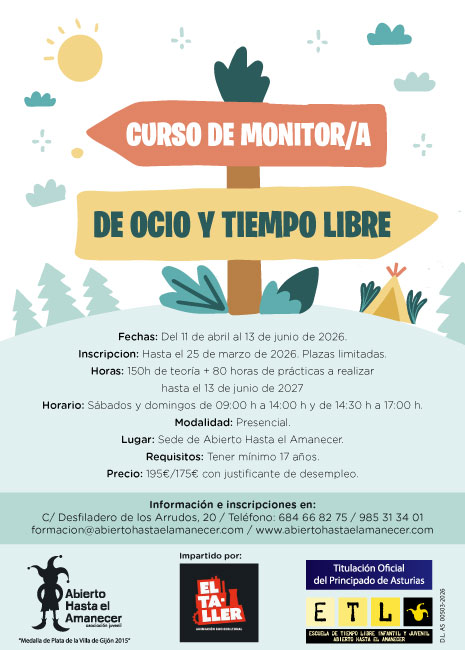 JuventudGijon's tweet image. ⚡ÚLTIMAS PLAZAS⚡

🎉Curso Monitor/a de Ocio y Tiempo Libre AHA🎉

📅11 abril a 13 junio 2026
⏰Sábados y domingos 9:00 a 14:00 h y 14:30 a 17:00 h
🔶Presencial - sede AHA

✍️Inscripciones hasta 25/03/2026‼️

👉f.mtr.cool/ljjtwmcjmc

#monitor #tiempolibre #AHA #gijon
