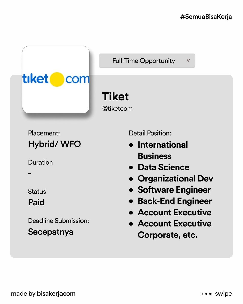 Masih berlanjut, kompilasi lowongan kerja seminggu full!

Paragon Inc bit.ly/KamulyanCareer
More info: instagram.com/p/DVtHQS8AUsD/…

Tiket lnkd.in/gydKMUEA
More Info: instagram.com/p/DVs34FXgYYB/…

SAFF &amp; Co. lnkd.in/gPPAwawg
More Info: instagram.com/p/DVr3EG9Ae4l/…

Federasi