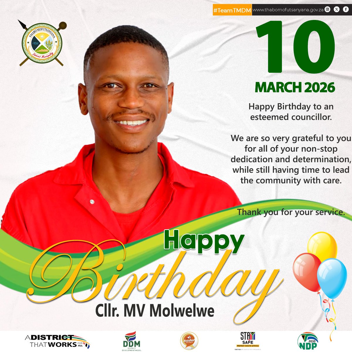 TeamTMDM's tweet photo. #TeamTMDM 🥳 Happiest Birthday Wishes to Cllr. M.V Molwelwe 🎉🎊

#DistrictThatWorksForAll #DDM https://t.co/TUq4eF9Cbt