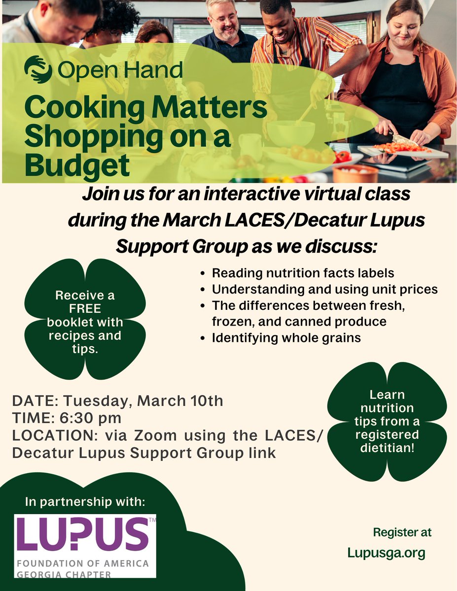 LupusGeorgia's tweet photo. Learn practical tips on how to introduce nutrition into your lifestyle with the Open Hand and Laces/Decatur Group - tonight at 6:30 p.m. EST via Zoom. For more information, call (770) 333-5930 or visit our website at https://t.co/SV0DUtKaZi. #lupus #lupusga https://t.co/lZDG2s72pT
