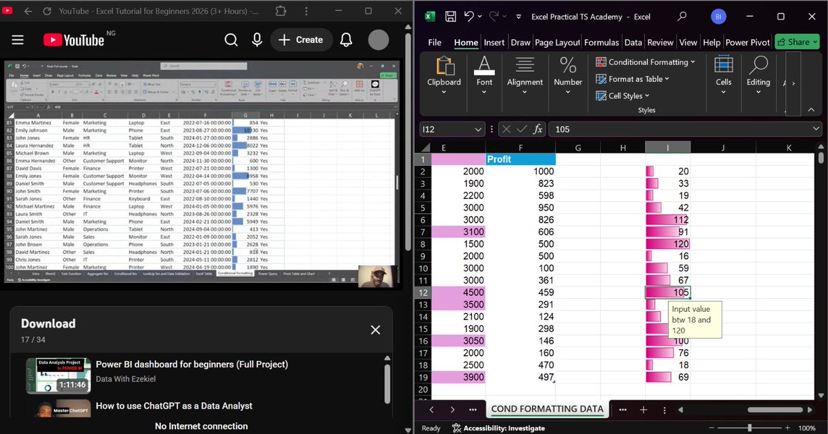 dicta_andy's tweet photo. Studying Conditional Formatting ahead of tomorrow with @ezekiel_aleke YouTube video. It isnโt difficult plus I really like the pretty colors ๐@TechSphereAcad
#day23 #conditionalformatting #30DaysOfTech #LearningWithTS #justagirlwholikesdata๐ https://t.co/cbPbaWEXQi