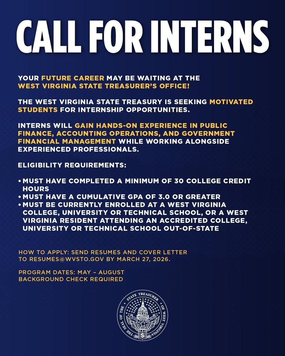 Your future career could start at the West Virginia State Treasurer’s Office! 

We’re seeking motivated students for internship opportunities to gain hands-on experience in public finance, accounting operations, and government financial management.

Eligibility:
✔️ 30+ college