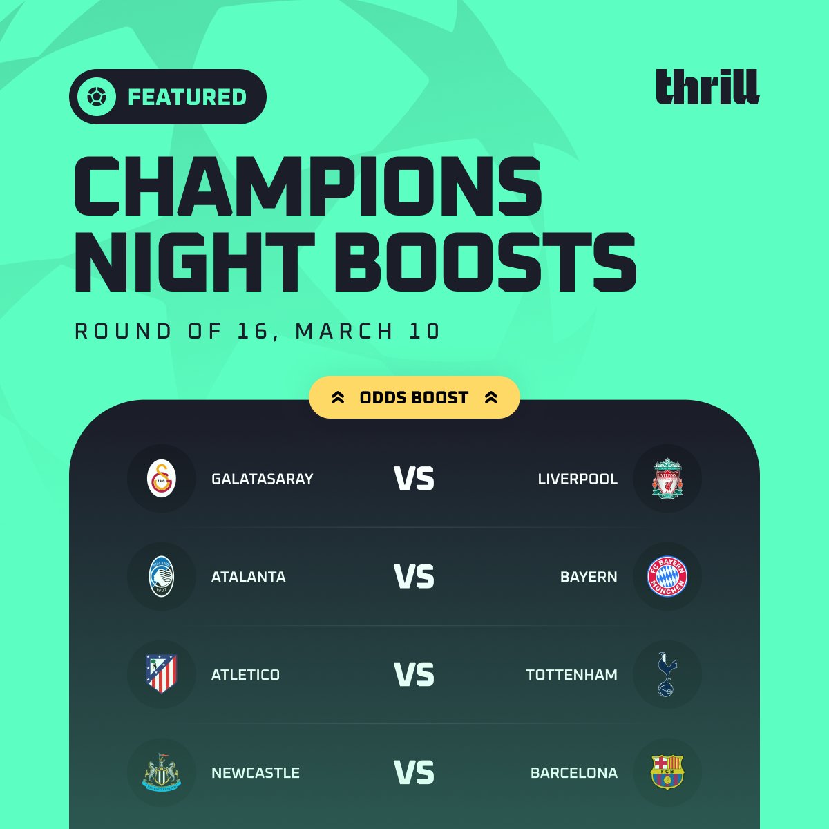 💫 Champions League night and we’re set for heavyweight action!

From a potential shootout in Italy to a tactical battle in Madrid, goals are on the menu tonight. ⚽🔥

Which match delivers the MOST goals?

Reply with Match + your Thrill Username

💸 $10 × 10 random correct