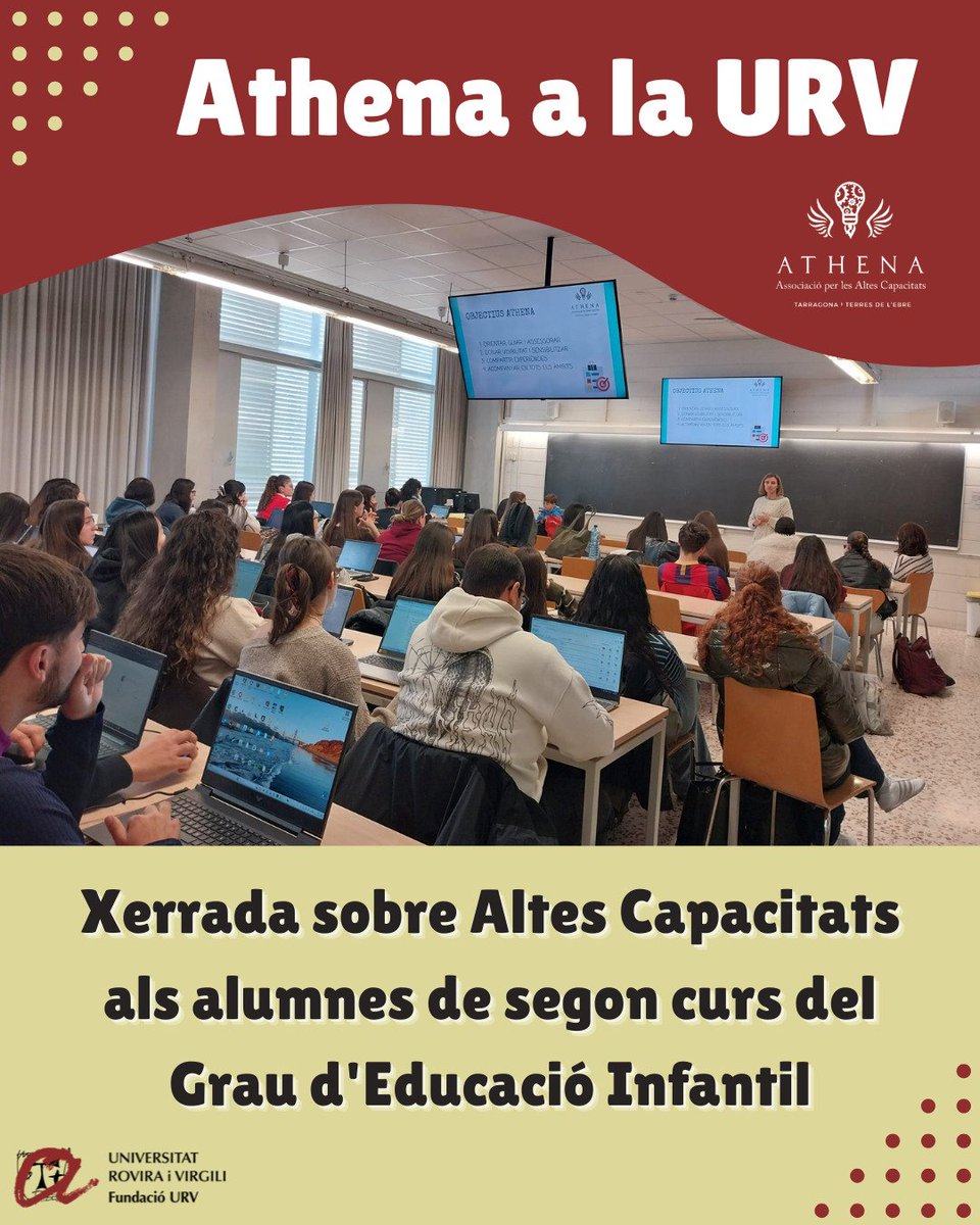 AaccAthena's tweet photo. 🎓Athena a la URV

Aquesta setmana es celebra el DM de les Altes Capacitats 🌍 i avui hem tingut l’oportunitat de compartir una xerrada amb els alumnes de 2n del Grau d’Educació Infantil de la URV, dins de l’assignatura Escola Inclusiva i Atenció Primerenca. https://t.co/JFvcn4ARNf