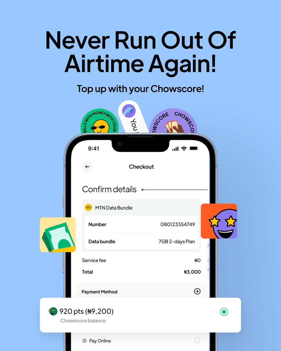 Do you know your meals can now pay your bills? 🔥

With Chowscore you can pay for your  airtime, data and other bills — every order you've placed has been building up to this moment!

Check your balance and cash out now 🙃