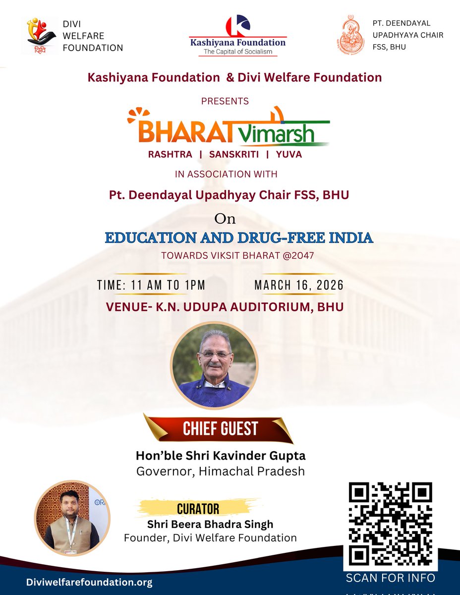 Beerabhadra's tweet photo. We are honoured to Shri @KavinderGupta Hon’ble Governor of Himachal Pradesh, as the Chief Guest at #BharatVimarsh.

The dialogue will focus on “Education &amp; Drug-Free India: Toward #ViksitBharat2047  

An initiative of @Diviwelfare https://t.co/YWHJ99AOY9