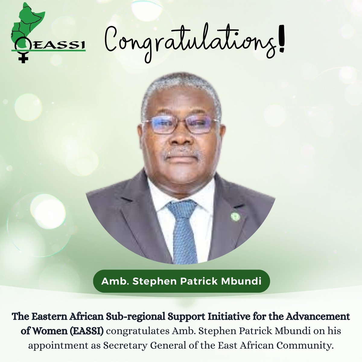 EASSI congratulates Amb. Stephen Patrick Mbundi on his appointment as Secretary General of the EAC

We look forward to collaborating to advance people-centred regional integration, gender equality, and the elimination of harmful practices across the region.