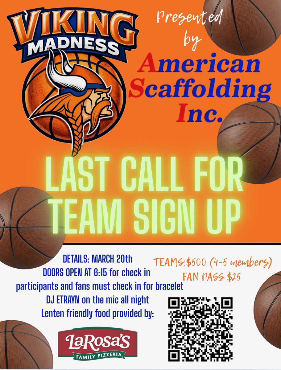 🏀🔵 VIKING MADNESS - TEAM ENTRIES CLOSE FRIDAY, 3/13!
🚪 Doors Open: 6:15 PM
🎤 DJ ETrayn on the mic
🍕 Lenten-friendly food available
🏀 Tourney Begins: 7:00 PM
👀 Spectators: $25
You can pay at the door, but if you know you’re coming, please sign up so we can plan for food.