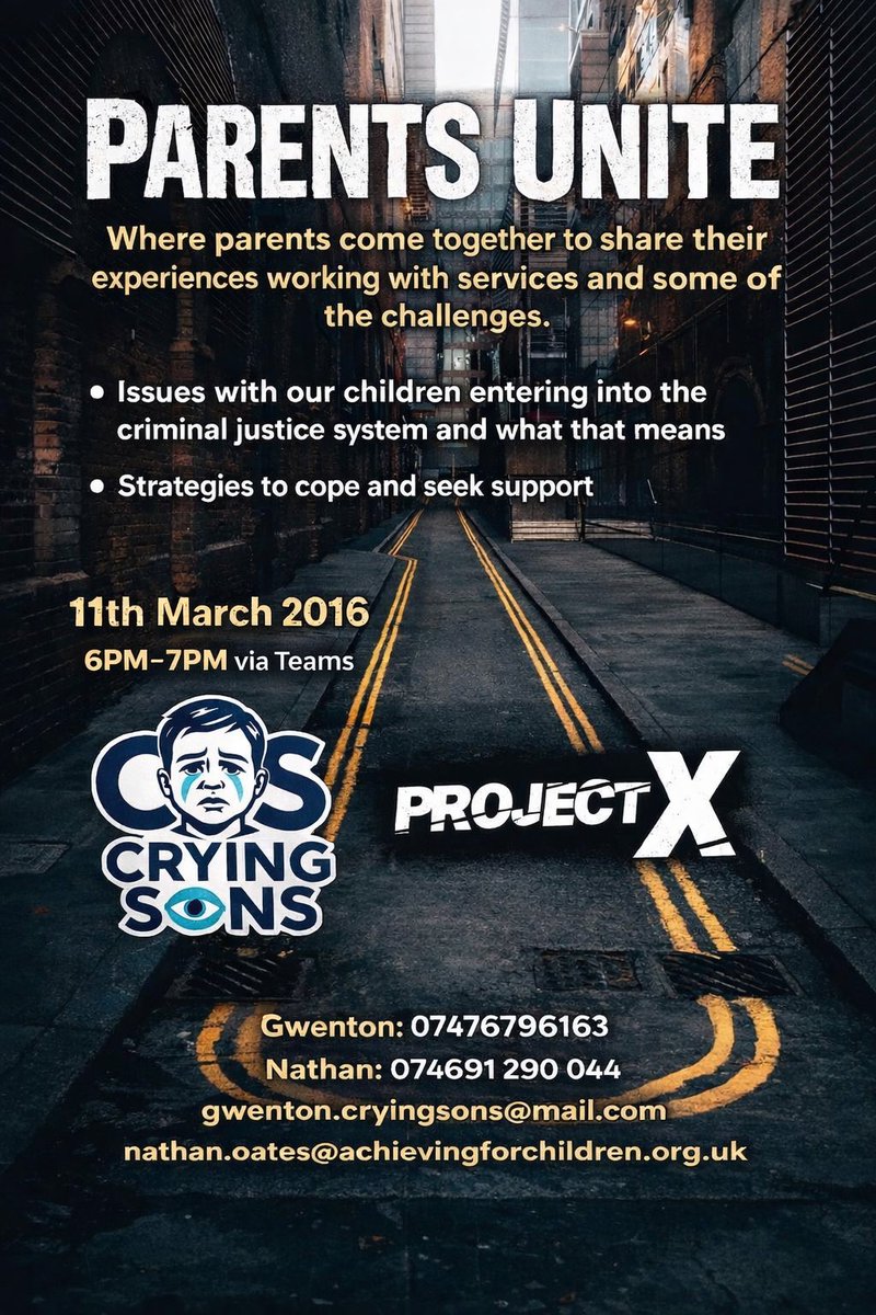 Parents Unite – Supporting Families Through the Challenges

Project X, in partnership with Crying Sons, is hosting a powerful online session called Parents Unite on 11th March 2026 (6PM–7PM via Teams).
contact: