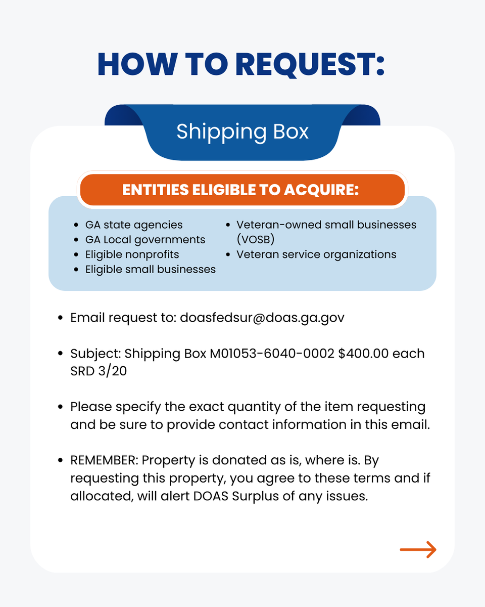 GAStateSurplus's tweet image. Request these Shipping Boxes from GA DOAS Surplus by March 20! Email doasfedsur@doas.ga.gov with item name, quantity, and contact info. Must be enrolled in the GA Surplus Property Program. #SurplusProperty #GeorgiaDOAS #ShippingBox