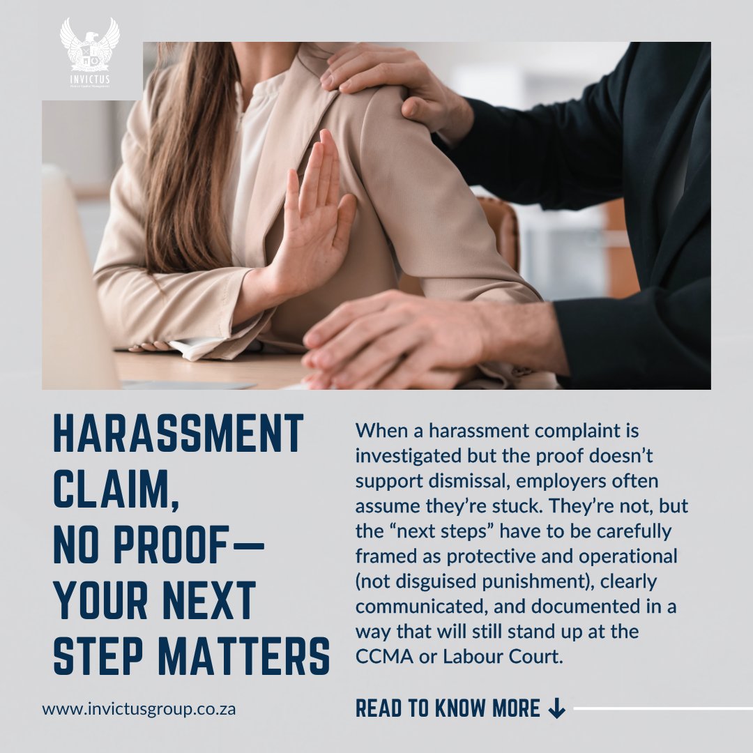 invictus_sa's tweet image. Harassment allegation, but the evidence falls short?

Employers still must act, just not punitively. Use reasonable protective steps (separate parties, adjust reporting lines), communicate outcomes clearly, and document everything.

#LabourLaw #HR #EmploymentLaw #SouthAfrica