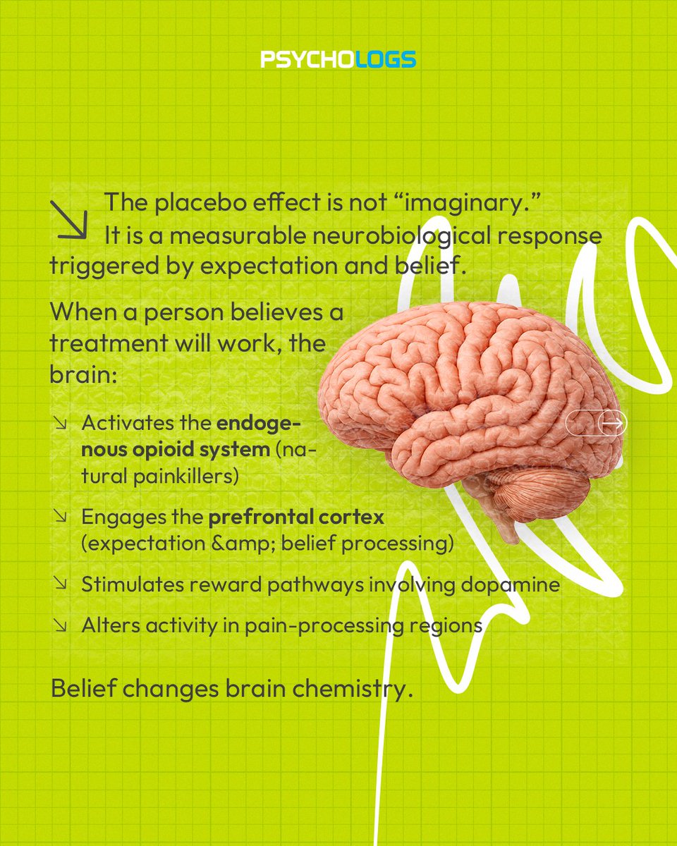 PsychologsIndia's tweet photo. The placebo effect is real and brain-based. Belief and expectation can change brain chemistry, activating natural painkillers, reward circuits, and altering how the brain processes pain. Cognition and biology are deeply connected.

#PlaceboEffect #BrainHealing #Neuroscience https://t.co/9UX0YX3aVP