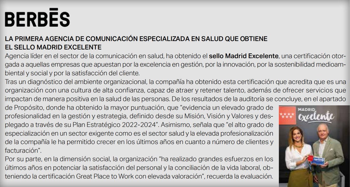 Corresponsables's tweet image. 📖 Descubre algunas de iniciativas de BERBES en el #20AnuarioCorresponsables 👉 f.mtr.cool/qfhoyarhkm

🧑‍🤝‍🧑 S – #Social

🏥 Agencia de #Comunicación especializada en #salud: Berbés ha obtenido el sello Madrid Excelente, que certifica su compromiso con la excelencia en #gestión,