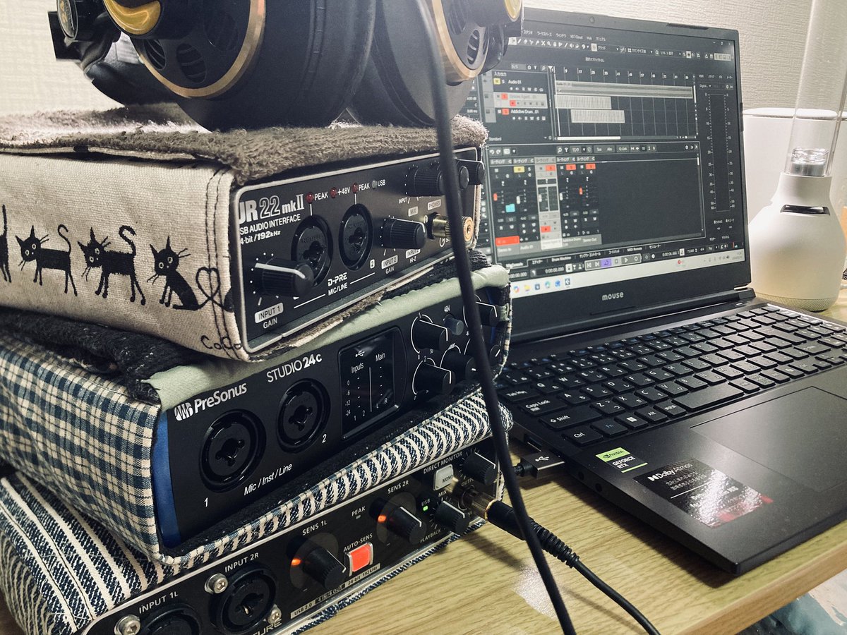 1102_drums's tweet photo. キューベースを立ち上げた時だけノートパソコンの調子が悪くなったので、スタジオワンに移行しました。

結局キューベースに慣れてしまっているので新しいノートパソコンも導入して2台使おうと相性の良さそうなインターフェースを探ってます。

うちの母に可愛いケース作ってもらいました。 https://t.co/6JmydYOCrh