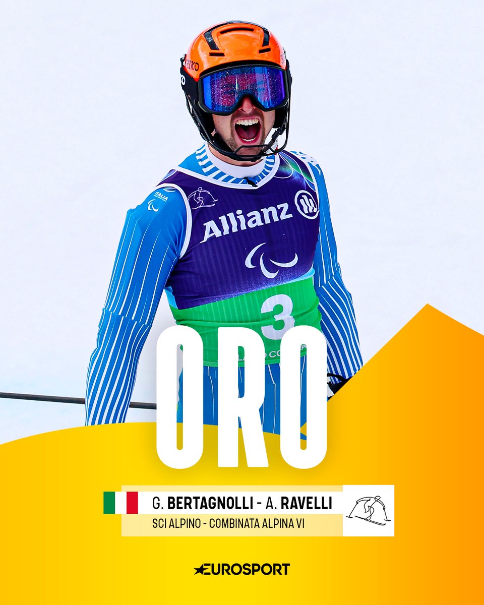 Eurosport_IT's tweet photo. BERTAGNOLLI D’OROOOOOOOOOO 🥇🇮🇹

Giacomo Bertagnolli conquista l’oro nella combinata maschile Visual Impaired alle Paralimpiadi di Milano Cortina 2026 insieme alla guida Andrea Ravelli 🥰

Per il trentino è l’ennesima pagina di una carriera straordinaria: terza edizione consecutiva dei Giochi con almeno un titolo e 11 medaglie paralimpiche in carriera, a una sola dal record italiano 🏅

Un’altra gara da campione per la leggenda dello sci alpino paralimpico 💙

#MilanoCortina2026 #Paralympics #SciAlpino