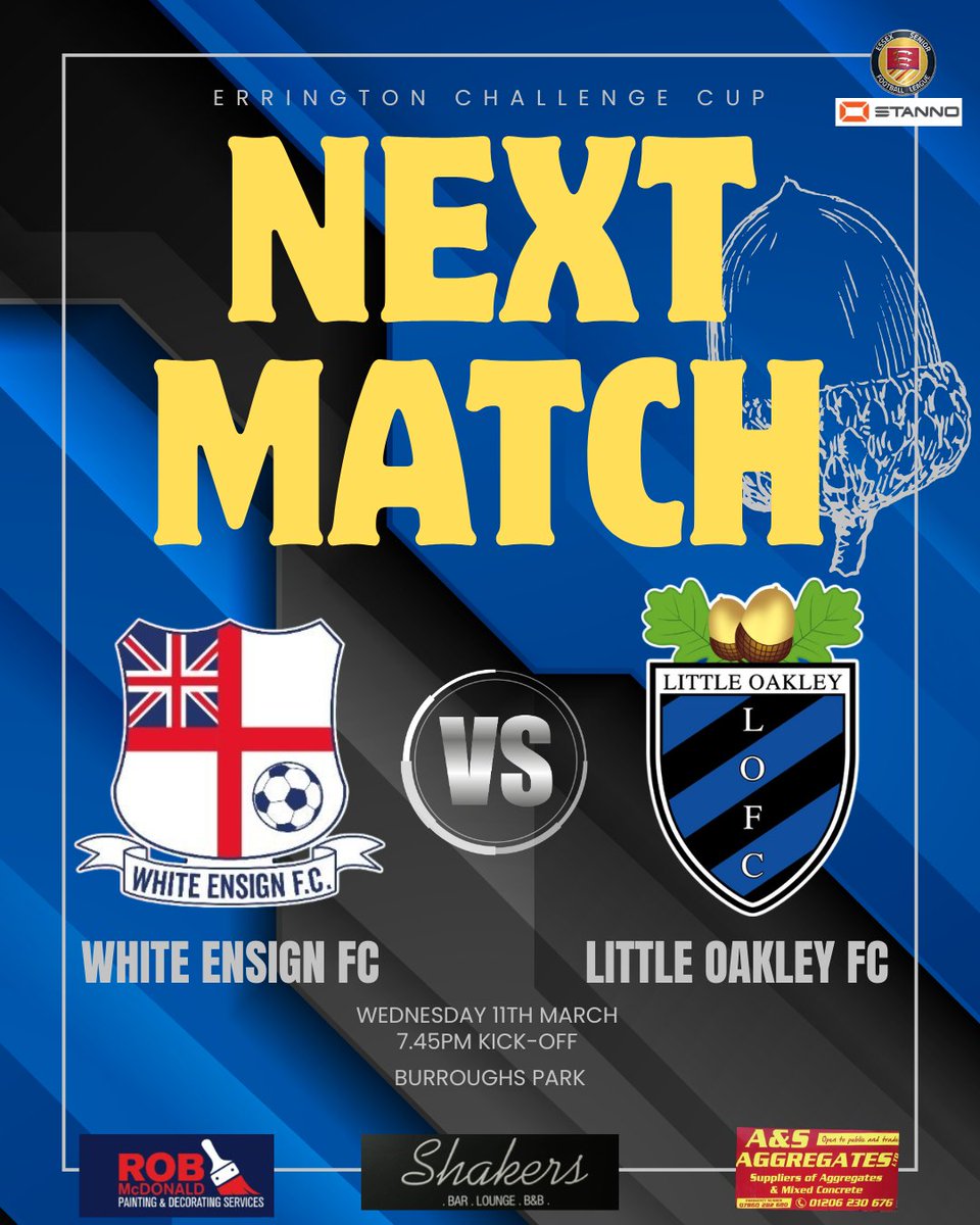 ⚫🔵𝐍𝐄𝐗𝐓 𝐌𝐀𝐓𝐂𝐇 !!⚫🔵

It's a break from the League Campaign tomorrow night when the Acorns head to Burroughs Park to face <a href="/EnsignOfficial/">White Ensign FC</a> in the Quarter Finals of the Errington Challenge Cup.
Travelling Support as always much appreciated 👏🏼

Kick-Off 7.45pm
⚫🔵🌰⚫🔵