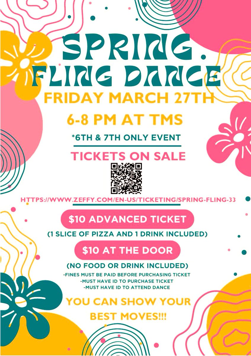 TimberwoodPTO's tweet photo. Attention all 6th &amp; 7th graders! The Spring Fling is right around the corner. Get your tickets today! Purchasing tickets in advance will include a slice of pizza and a drink. Don’t forget all fines must be paid in order to attend. #SpringFling2026 #PantherPride
@HumbleISD_TMS https://t.co/4qv3h5QkCS