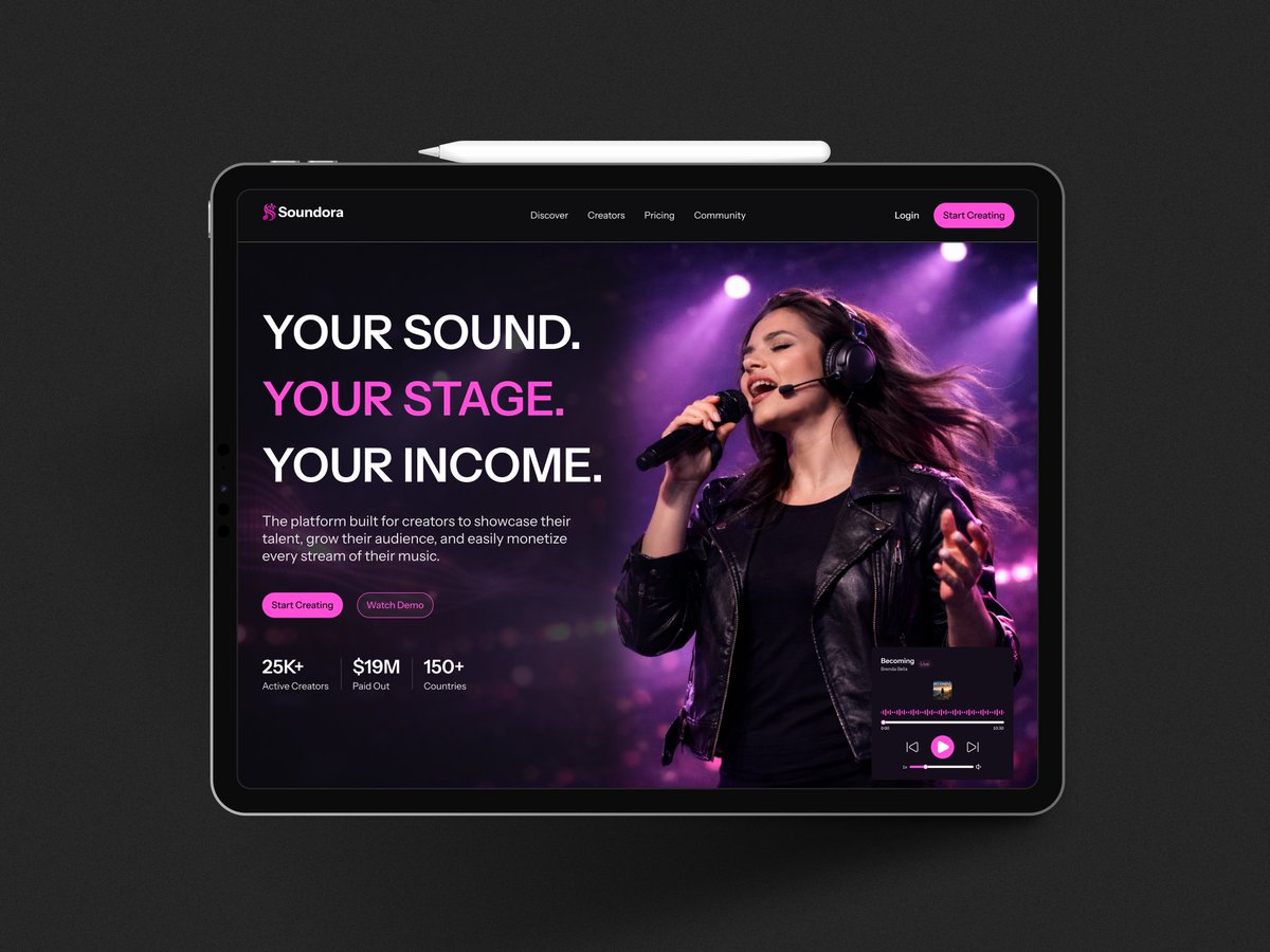 bee_dezigns's tweet photo. Day 13: Designing for Music Creators

Worked on the hero section design for a music streaming platform for creators that helps them share their music and get rewarded for their talent.

#UIUXDesign #Music #Creators #DesignwithAmie https://t.co/M3VR1BbGhP