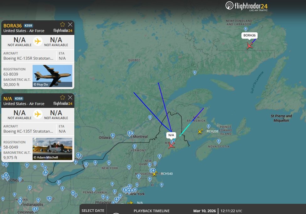 AUX_OSINT's tweet photo. 3x KC-135R/T out of KBGR Refueling in Northern Canada. Likely refueling 3x B-1B (TWIN41-3) en route to RAF Fairford.  
#AE015E – 59-1512 – BORA34 
#AE0650 – 58-0049 – BORA35 
#AE0391 – 63-8039 – BORA36

Likely assisted by KC-46A out of LPLA
#AF8444 - 19-46108 - ADOBE55 https://t.co/fia1C4sgph