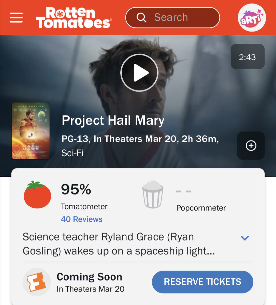 ‘PROJECT HAIL MARY’ debuts with a 95% score on Rotten Tomatoes.

In theaters March 20.