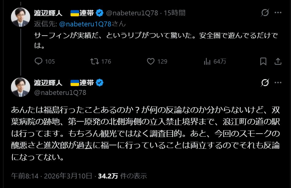 nittaryo's tweet photo. 知らないこと自体は恥じゃないんですよ。人間は誰でも勘違いするし、事実関係を取り違えることもありますから。恥なのは、知らないまま断定的に語り、しかも事実を指摘されても訂正しない態度の方です。今般のあなたの投稿は、その典型例ですよね。

「健康上のリスクがある現場に自分は行かず」などと言い切ってますが、小泉進次郎氏は福島第一原発にも何度も足を運んでいるし、ALPS処理水の放出をめぐって騒ぎになった際には福島の海でサーフィンまでしてます。現場に行っていないどころか、むしろ現場主義の政治家として認知されてる部類でしょうよ。

そもそも「健康上の重大なリスクがある現場」という認識自体も事実と違いますしね。投稿の前提が二重に間違ってる以上、そこから導かれるあなたの「醜悪」という感想も、空虚にしか聞こえないですね。

で、その点について指摘されると今度は「自分は福島に行ったことがある」「病院跡地や立入禁止境界まで行っている」という話に論点をすり替えるわけですね。でもあなたが言うところの「現場」には行ってないんだから、「安全圏で遊んでるだけ」なのはあなた自身でしょうよ。

福島第一原発の作業は放射線管理のもとで行われており、一般の工事現場と同様に安全管理が徹底されている現場だという説明は、現場関係者からも繰り返し発信されています。それにもかかわらず、「健康上のリスクがある場所」といったデマを前提にして政治批判に使えば、結果として福島そのものを危険視する風評を広げることになります。

現場で安全確保しながら廃炉作業に専念されている方々や地域の人々から見れば、あなたの言い方の方がよほど醜悪ですよ。

しかも、事実誤認を指摘されても認めず、論���をすり替えて逃げるんですね。どうしても「醜悪」という言葉を使いたいなら、その言葉がどこに向いているのか、もう一度落ち着いて考えてみられた方がよろしいのでは。

ちなみに私は、福島第二原発が立地する楢葉町とお仕事をして3年目になります。先日は福島第一原発にも伺い、管理職研修に登壇してきましたよ。皆さま、強い使命感を持ちながらお仕事に取り組んでおられました。だからこそ、今になっても福島を危険視して風評を煽る醜悪な弁護士には容赦できないのです。