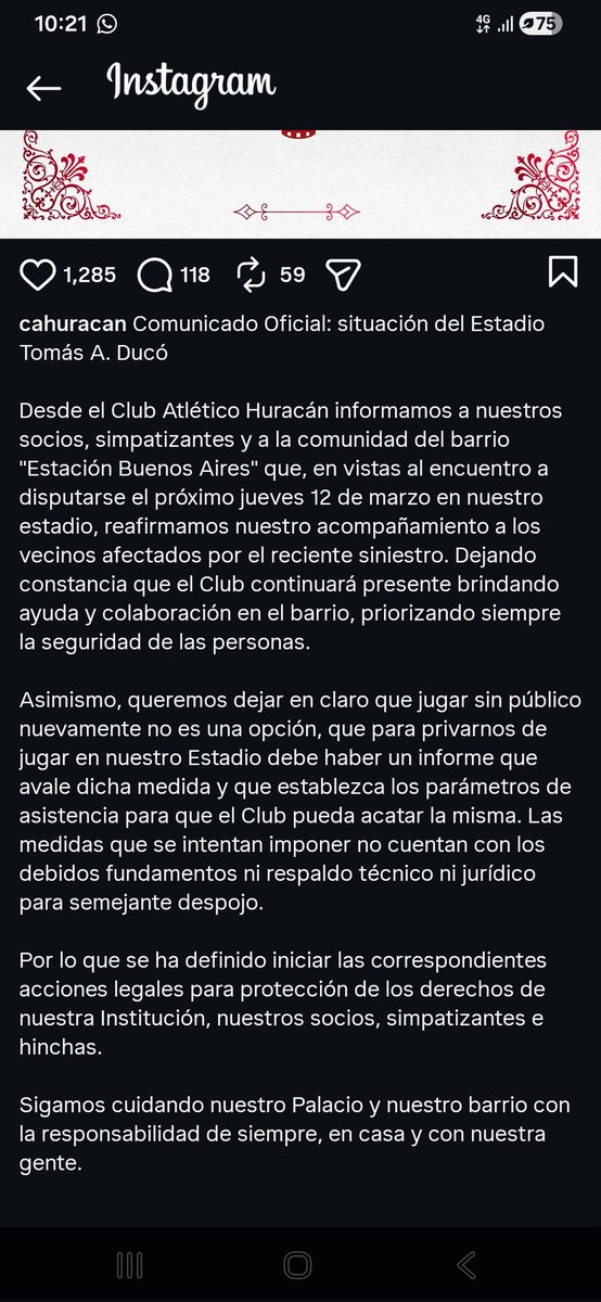 Se plantó Huracan. Para jugar sin publico tiene que haber un estudio que demuestre los riesgos. Un estudio técnico y jurídico con firma y fundamentos.