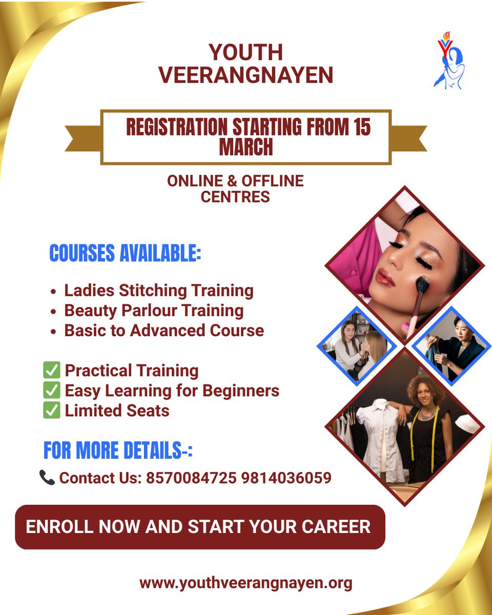 Yveerangnayen's tweet photo. A skill today can create independence tomorrow.
Youth Veerangnayen is opening doors of opportunity through stitching and beauty training courses.
Register now and begin your journey from learning to earning.
#YouthVeerangnayen #WomenEmpowerment #freestitching #beautyparlour https://t.co/kw3Aktned7