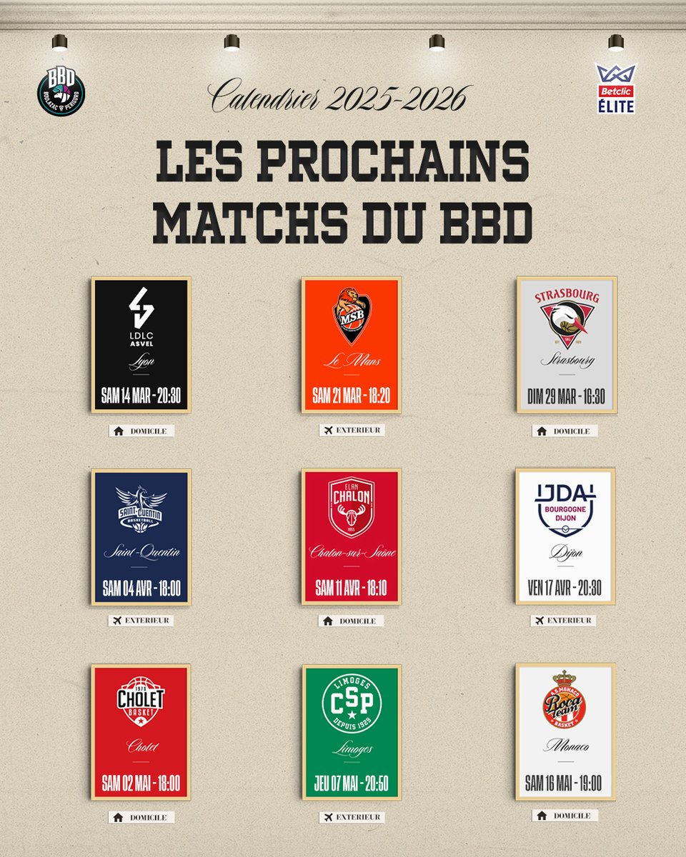 BoulazacBasketD's tweet photo. 📆 Le calendrier définitif des derniers matchs est là !

Toutes les dates et horaires des prochaines rencontres pour ne rien manquer de cette fin de saison avec le BBD !

#GoBBD https://t.co/zoKwdnSxvs