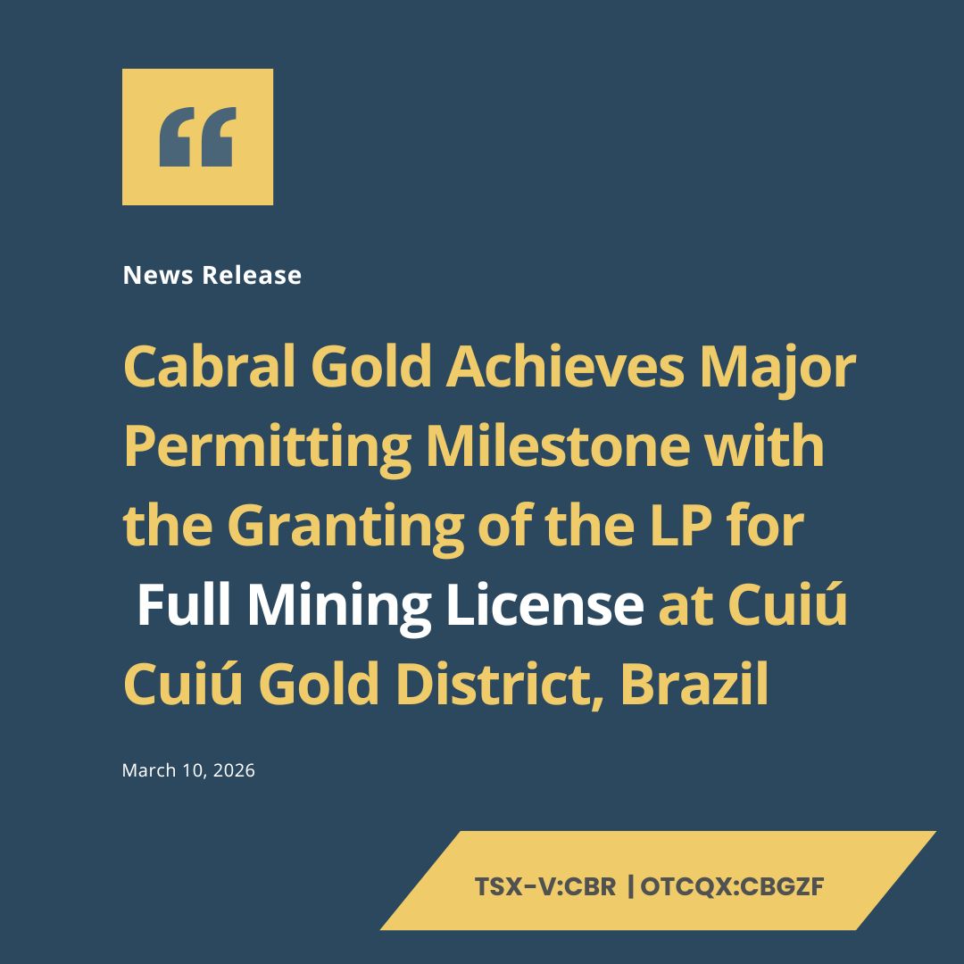 Cabral_Gold's tweet photo. "...The LP not only allows for the expansion of our Phase 1 #gold-in-oxide project, which is currently under construction, but it also applies to the much larger Phase 2 project which will involve the development of the hard rock resources at Cuiú Cuiú. 

The granting of the LP dramatically reduces the risk profile for both phases of development of the project. With the most complex and time-intensive stage of the Brazilian permitting process now complete, we have materially de-risked the project and enhanced its long-term value potential..."

https://t.co/hancOiGuN3

$CBR.v $CBGZF