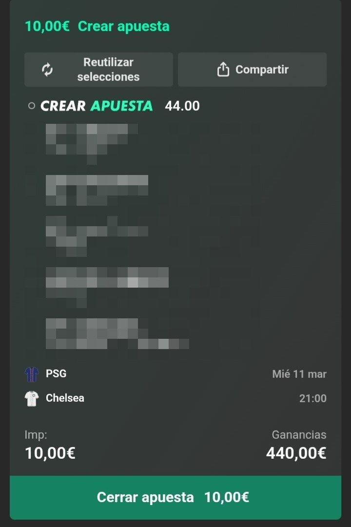 Si tienes 10€ te aconsejo sinceramente meterlo en la apuesta de UCL del PSG-Chelsea, la ganancia sería de 440€

Lo más factible q hemos visto en mucho tiempo, es dinero fácil

Sólo queremos compartirla con vosotros para q no se corra la voz, deja like,rt y avisame en coments