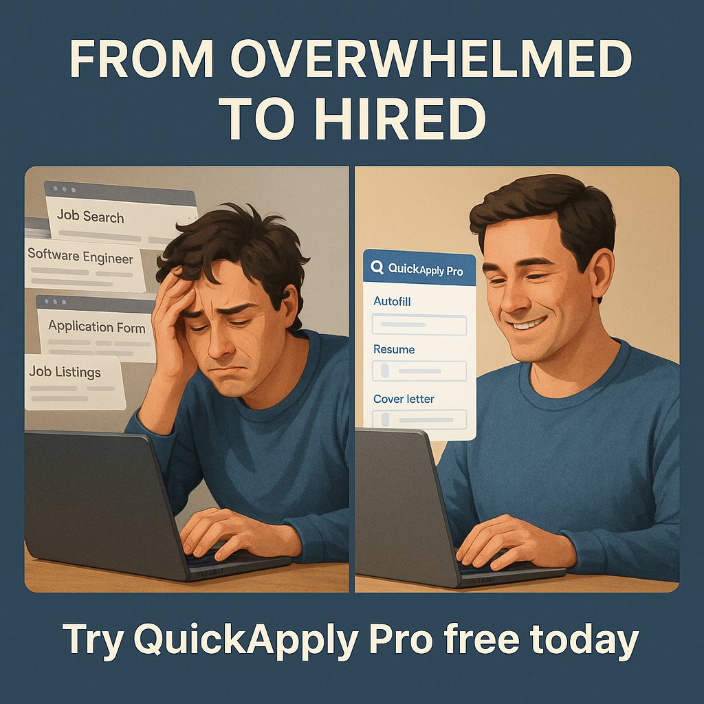 quickapplypro's tweet image. You shouldn’t need five tabs and a panic attack to land a job. Quick Apply Pro autofills forms, tailors resumes, and helps you breathe easy. From overwhelmed to hired,finally. #QuickApplyPro #JobSearch