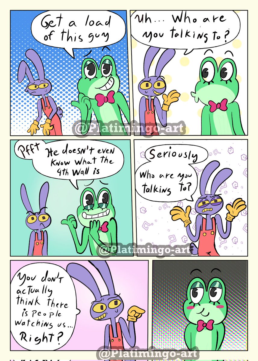 platimingo's tweet image. "The funny one" (part: 1/5)
Cw: Eye imagery on pages 2 and 3
(Its not too bad, but just in case)

#theamazingdigitalcircus #tadc #jax #ribbit #ribbittadc #jaxtadc #ribbitrabbit #jaxxribbit #tadcfanart
#digitalcircus