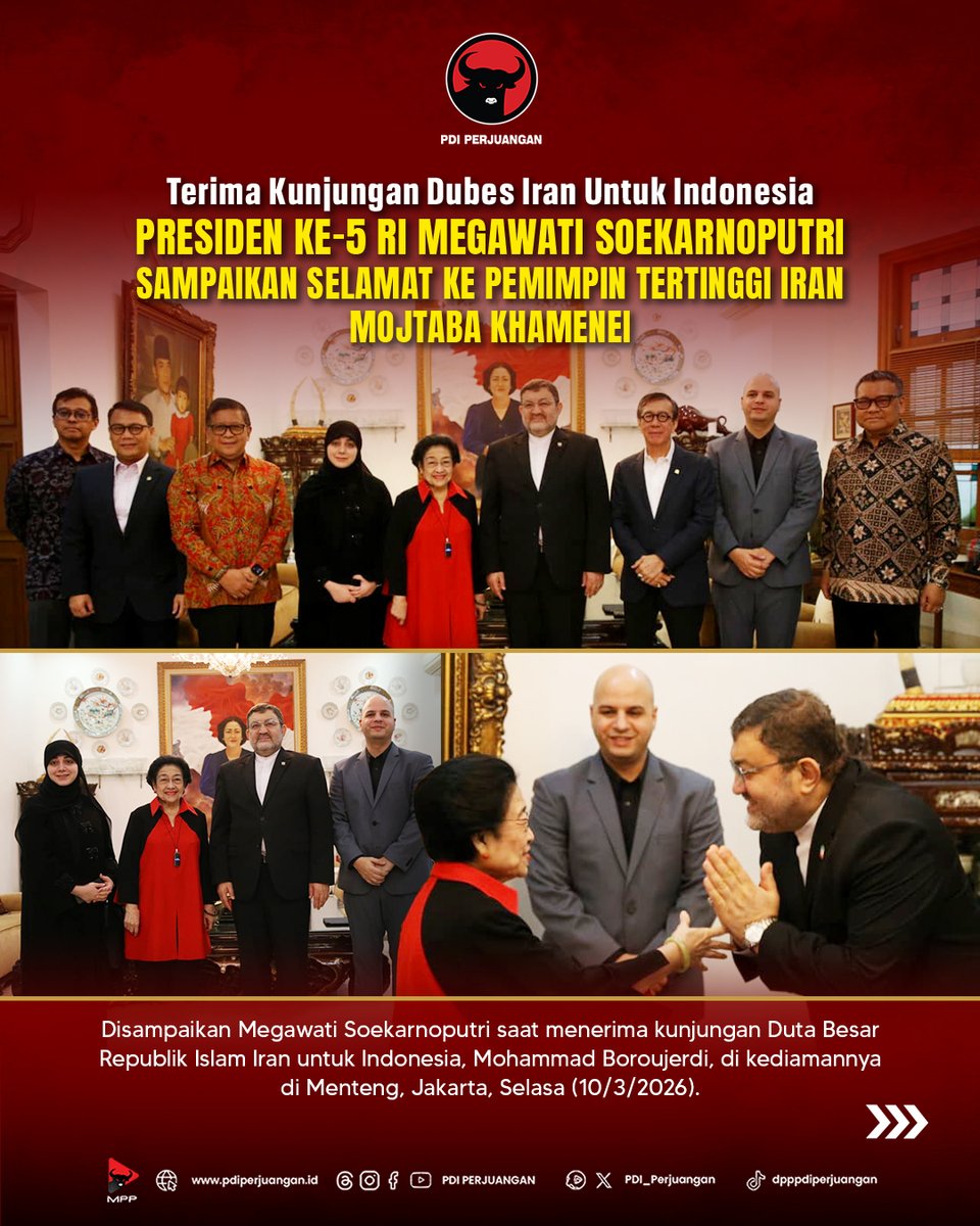 PDI_Perjuangan's tweet photo. Presiden Ke-5 RI Megawati Soekarnoputri menyampaikan selamat ke Pemimpin Tertinggi Iran Mojtaba Khamenei. Hal tersebut disampaikan Megawati Soekarnoputri saat menerima kunjungan Duta Besar Republik Islam Iran untuk Indonesia, Mohammad Boroujerdi, di kediamannya di Menteng, Jakarta, Selasa (10/3/2026). 

"Ini adalah surat kedua, saya merasa gembira bahwa karena Iran sekarang sudah punya pemimpin kembali," kata Megawati Soekarnoputri.

Selain menyampaikan surat, Megawati Soekarnoputri juga menyerahkan foto saat dirinya melakukan kunjungan resmi ke Teheran dan bertemu dengan Ayatollah Ali Khamenei pada 2004 lalu. 

"Ini bukti saya punya hubungan persahabatan dengan almarhum Ayatollah Ali Khamenei," ujar Megawati ke Dubes Boroujerdi.

#MegawatiSoekarnoputri
#PDIPerjuangan
#MenangkanRakyat
#SatyamEvaJayate
#KebenaranPastiMenang
#SolidBerderap