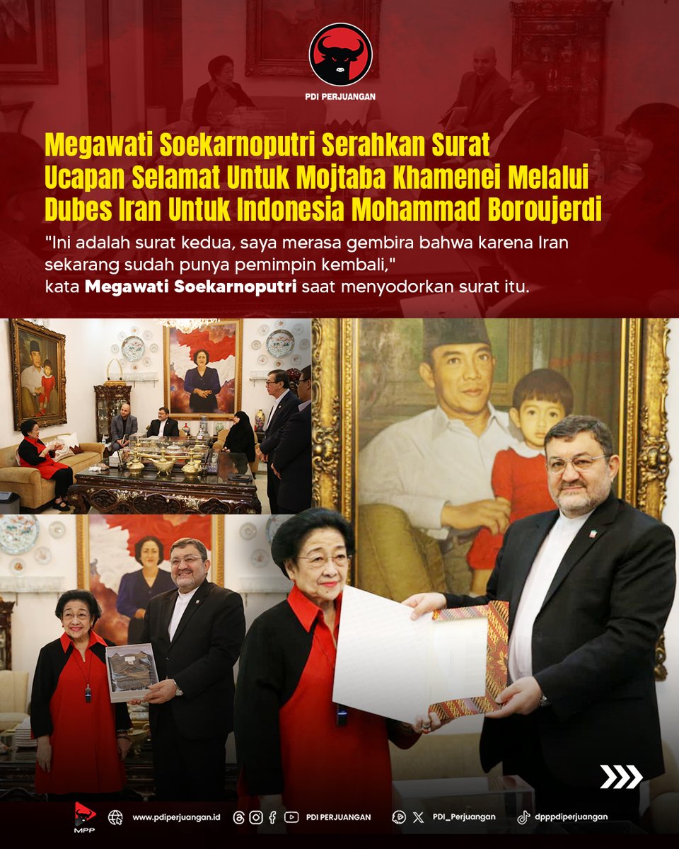 PDI_Perjuangan's tweet photo. Presiden Ke-5 RI Megawati Soekarnoputri menyampaikan selamat ke Pemimpin Tertinggi Iran Mojtaba Khamenei. Hal tersebut disampaikan Megawati Soekarnoputri saat menerima kunjungan Duta Besar Republik Islam Iran untuk Indonesia, Mohammad Boroujerdi, di kediamannya di Menteng, Jakarta, Selasa (10/3/2026). 

"Ini adalah surat kedua, saya merasa gembira bahwa karena Iran sekarang sudah punya pemimpin kembali," kata Megawati Soekarnoputri.

Selain menyampaikan surat, Megawati Soekarnoputri juga menyerahkan foto saat dirinya melakukan kunjungan resmi ke Teheran dan bertemu dengan Ayatollah Ali Khamenei pada 2004 lalu. 

"Ini bukti saya punya hubungan persahabatan dengan almarhum Ayatollah Ali Khamenei," ujar Megawati ke Dubes Boroujerdi.

#MegawatiSoekarnoputri
#PDIPerjuangan
#MenangkanRakyat
#SatyamEvaJayate
#KebenaranPastiMenang
#SolidBerderap