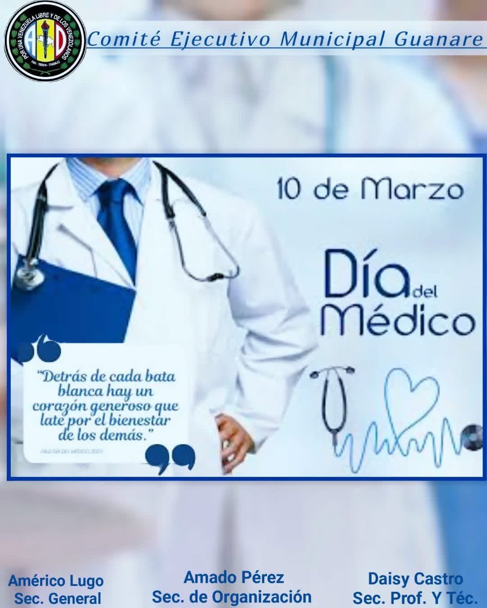 Felicidades a nuestros Médicos en su día a esos hombres y mujeres luchadores  que día a día brindan atención a el pueblo Venezolano.  

Infinitas bendiciones! 👩🏼‍⚕️👨🏻‍⚕️🧑🏻‍⚕️🙏🏻✨🤍