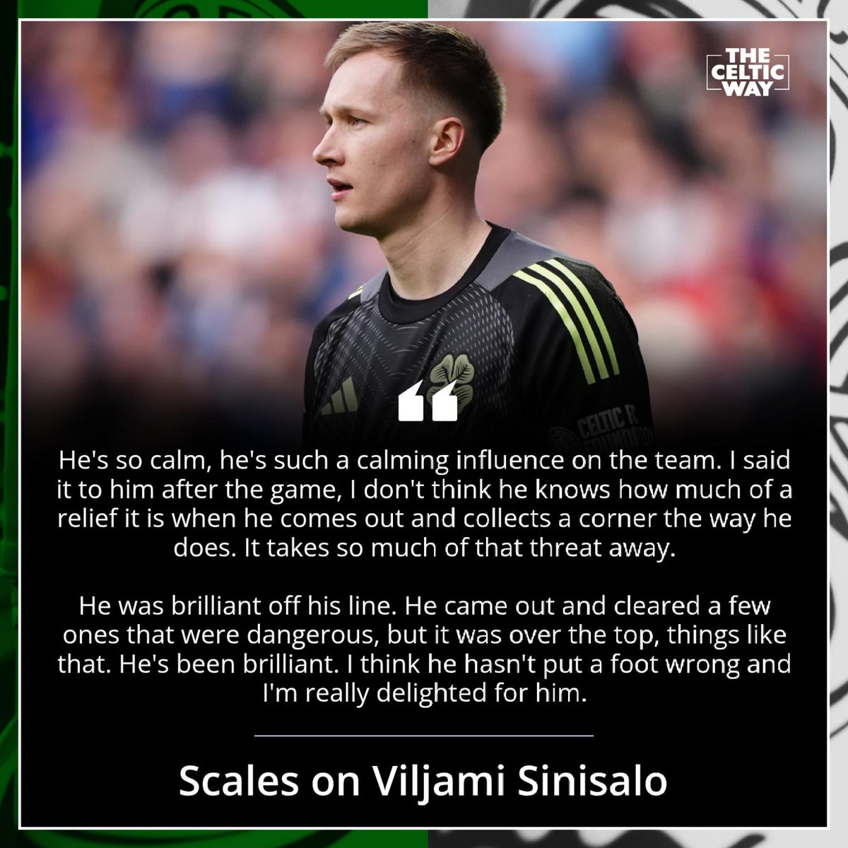celticway1888's tweet photo. 🗣 "I don't think he knows how much of a relief it is when he comes out and collects a corner."

Liam Scales has lauded the 'calming' influence Viljami Sinisalo has brought to the Celtic defence in recent weeks.

🔗 https://t.co/EPgCoQQ0oM https://t.co/frETXHDHPW