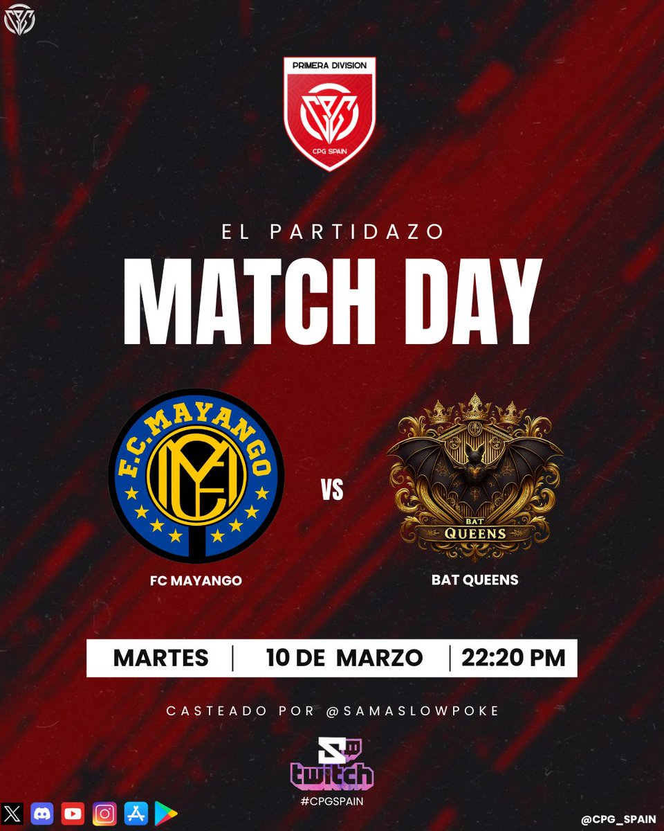 CPG_Spain's tweet photo. #MACHDAY | @CPG_Spain
Vivimos una nueva retransmisión con un gran encuentro en el día de hoy, partidazo de dos equipazos.
@FC_Mayango
🆚
@BatQueens_
Prepárate para ver toda la emoción del partido con las mejores jugadas y narraciones en directo con
🎙️ @SamaSlowpoke
🖥️ Directo en la plataforma morada
#CPGSpain #1aCPG