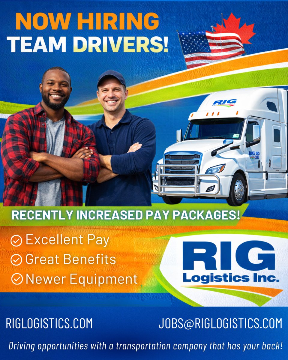 RIG Logistics is hiring Team Drivers for scheduled runs across Canada and cross-border lanes into California, Texas, and the Midwest USA.
Already running as a team, or looking to partner up? We’d like to connect.
📩 jobs@riglogistics.com
🌐 riglogistics.com