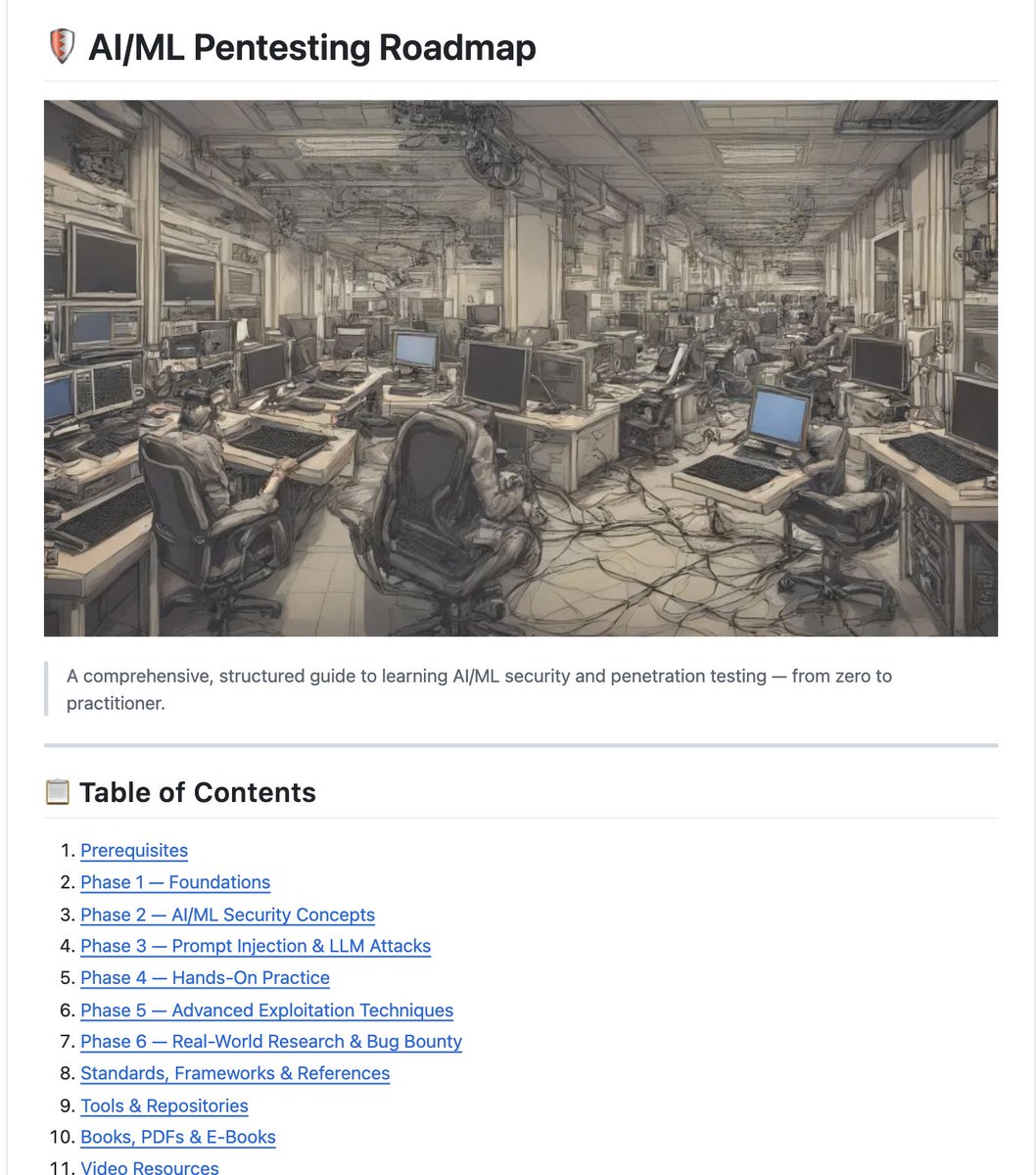 AI/ML Pentesting Roadmap - github.com/anmolksachan/A… 

#AIMLSecurity #LLMSecurity #PromptInjection #AIPentesting #AdversarialML