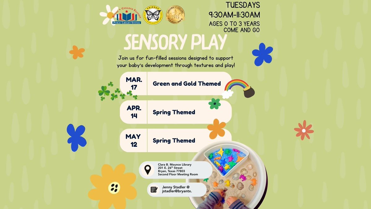 BCSPubLib's tweet image. Explore sensory fun at the Mounce on March 17th with green and gold and with a little luck, find the rainbows hidden! Geared toward ages 0 to 3 years. Registration not required. #bcstx #sensoryplay
