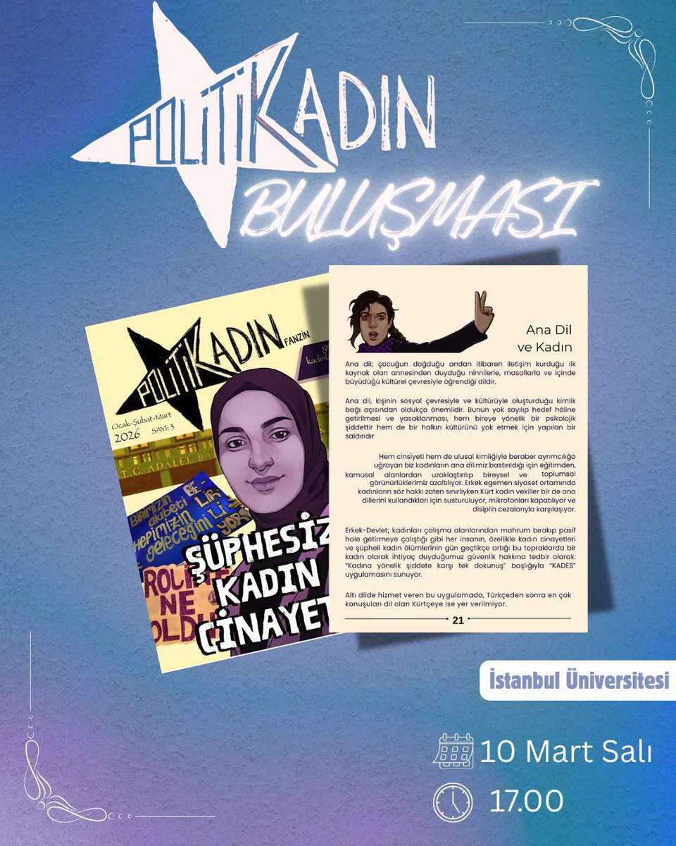 💫İstanbul Üniversitesi | 

📣Fanzinimizin üçüncü sayısındaki “Ana Dil ve Kadın” yazımızı okuyup tartışmak için buluşuyoruz.

Sen de okumalara katılmak veya fanzinimizi edinmek için bize ulaşabilirsin!

🗓️10 Mart Salı
⏰17.00
📍Konum için bize ulaş!