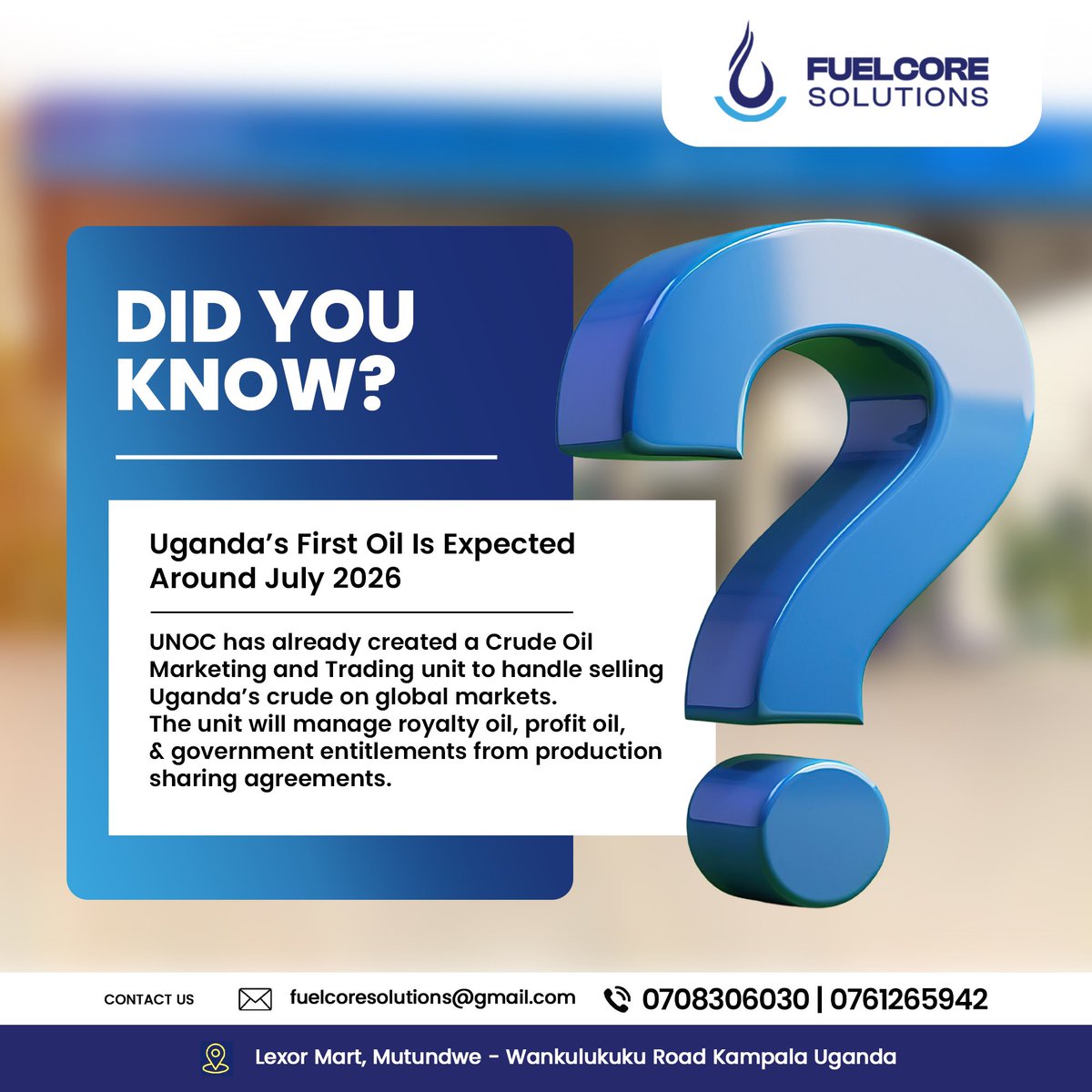 fuelcoresoln's tweet photo. Uganda’s oil era is closer than ever. ⛽🇺🇬

First oil is expected around July 2026, and the Uganda National Oil Company has already established a Crude Oil Marketing &amp; Trading unit to handle Uganda’s crude on global markets.

#UgandaOil #EnergySector #OilAndGas #FuelCoreSolutions https://t.co/xxdYLW4zhg